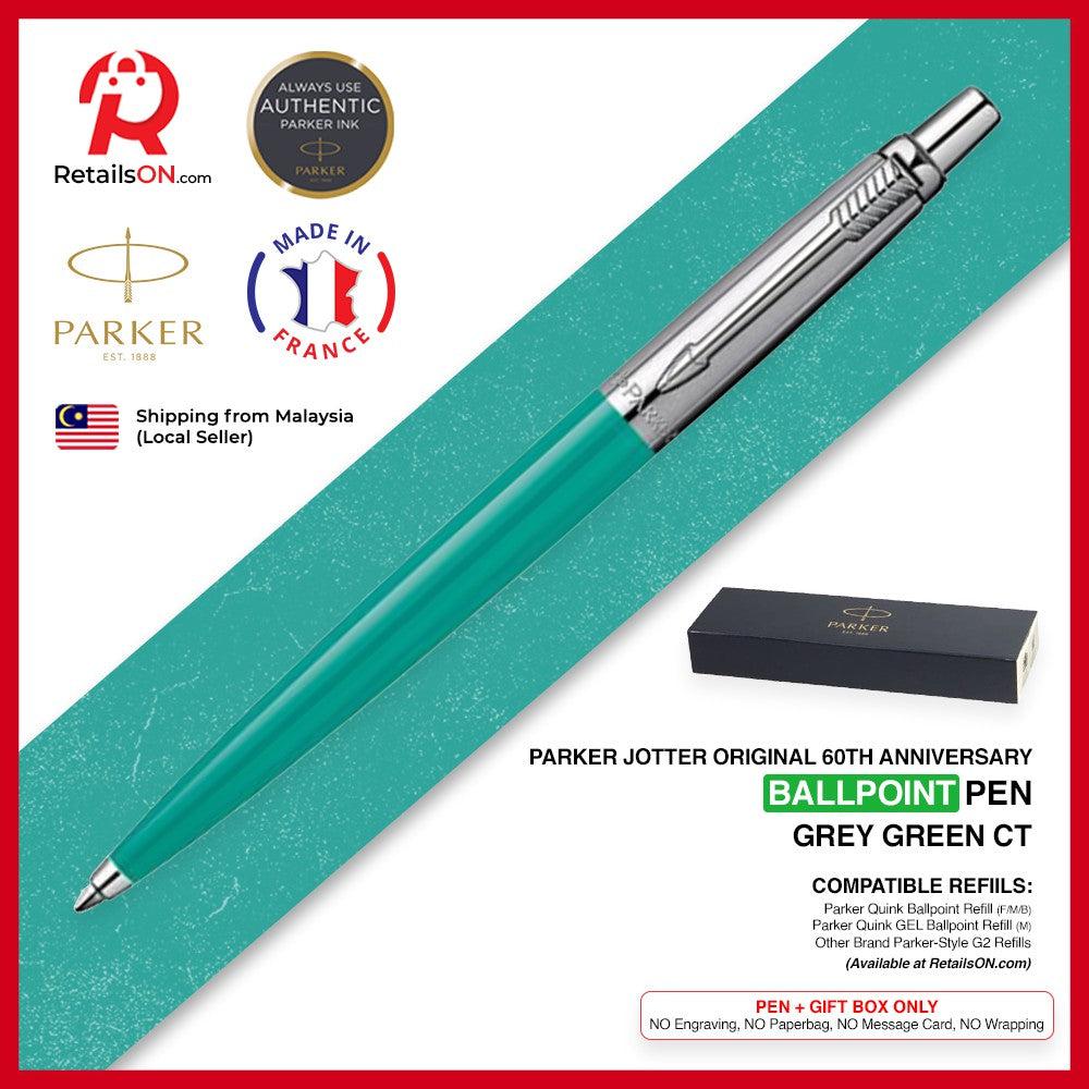 Parker Jotter Original Ballpoint Pen (60th Anniversary) - Grey Green  Chrome Trim (with Black - Medium (M) Refill) - RetailsON.com (Premium Retail Collections)