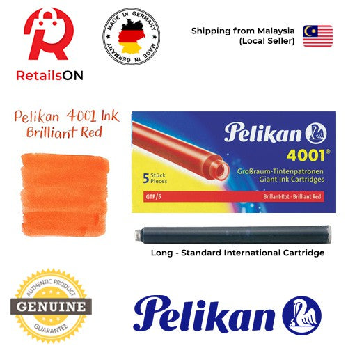 Pelikan 4001/GTP5 Ink Cartridges - Brilliant Red / International Fountain Pen Ink Cartridges (ORIGINAL) [1 Pack of 5] - RetailsON.com (Premium Retail Collections)