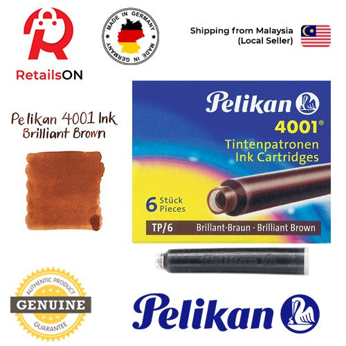Pelikan 4001/TP6 Ink Cartridges - Brilliant Brown / International Fountain Pen Ink Cartridges (ORIGINAL) [1 Pack of 6] - RetailsON.com (Premium Retail Collections)