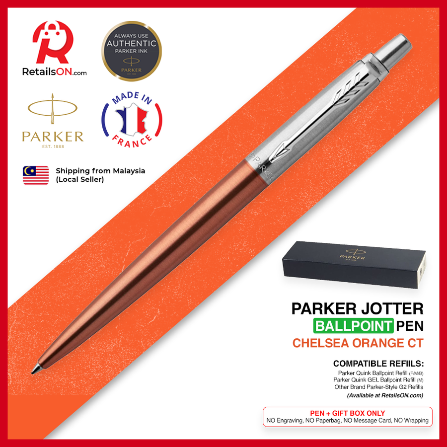 Parker Jotter Ballpoint Pen - Chealsea Orange Chrome Trim (with Black - Medium (M) Refill) / {ORIGINAL} / [RetailsON] - RetailsON.com (Premium Retail Collections)