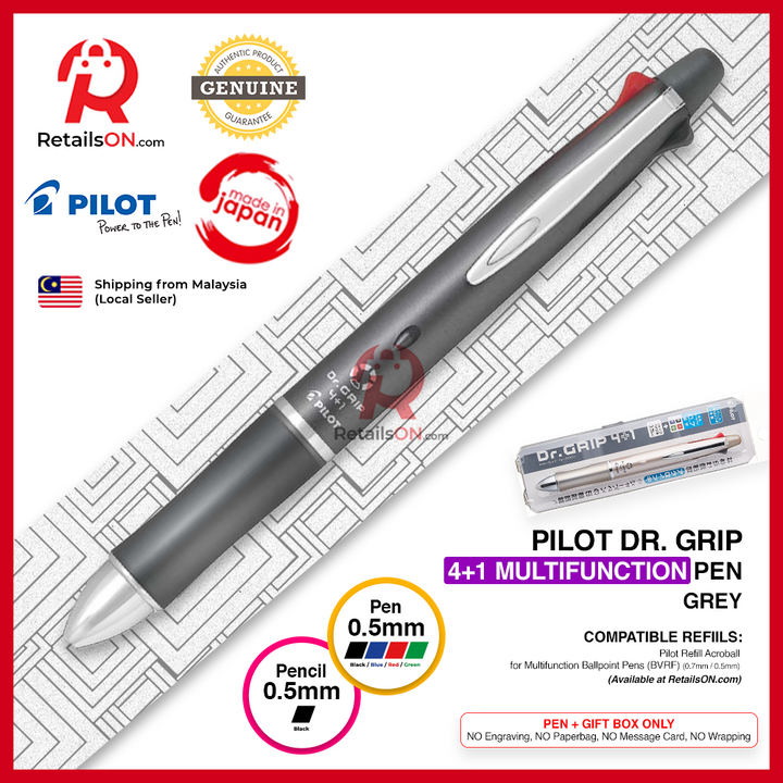 Pilot Dr. Grip Multifunction Pen with Pencil (4+1) - 0.5mm (EF) - Grey / Dr Grip / {ORIGINAL} / [RetailsON] - RetailsON.com (Premium Retail Collections)