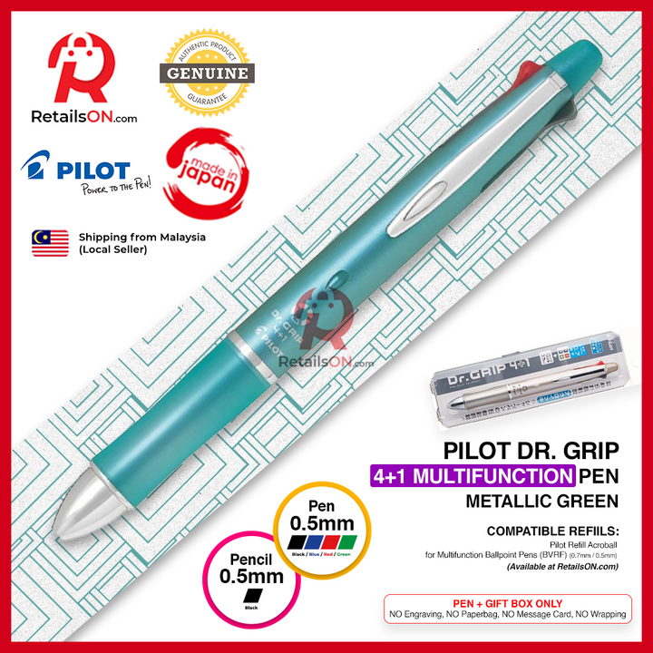 Pilot Dr. Grip Multifunction Pen with Pencil (4+1) - 0.5mm (EF) - Metallic Green / Dr Grip / {ORIGINAL} / [RetailsON] - RetailsON.com (Premium Retail Collections)