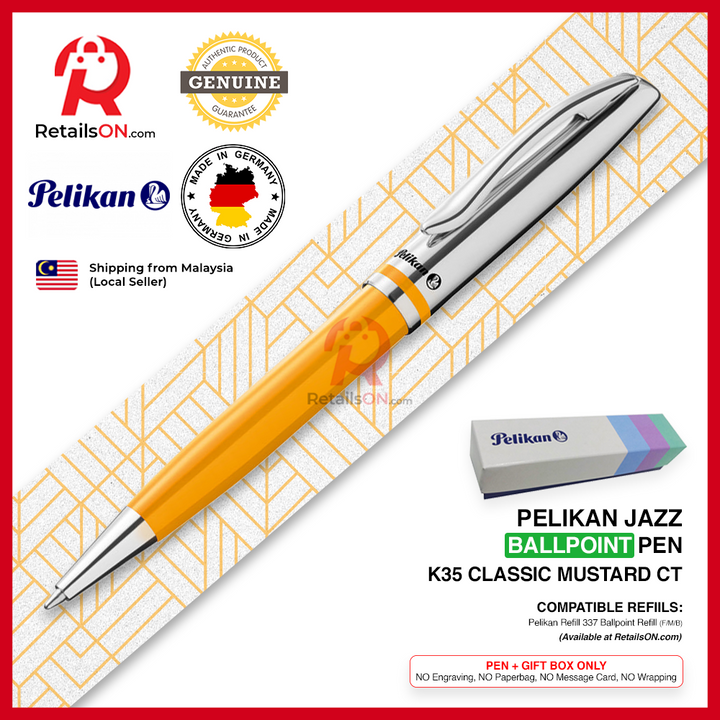 Pelikan Jazz Ballpoint Pen - Classic Mustard Yellow - Refill 337 Black / K35 K36 Gift Pen / {ORIGINAL} - RetailsON.com (Premium Retail Collections)
