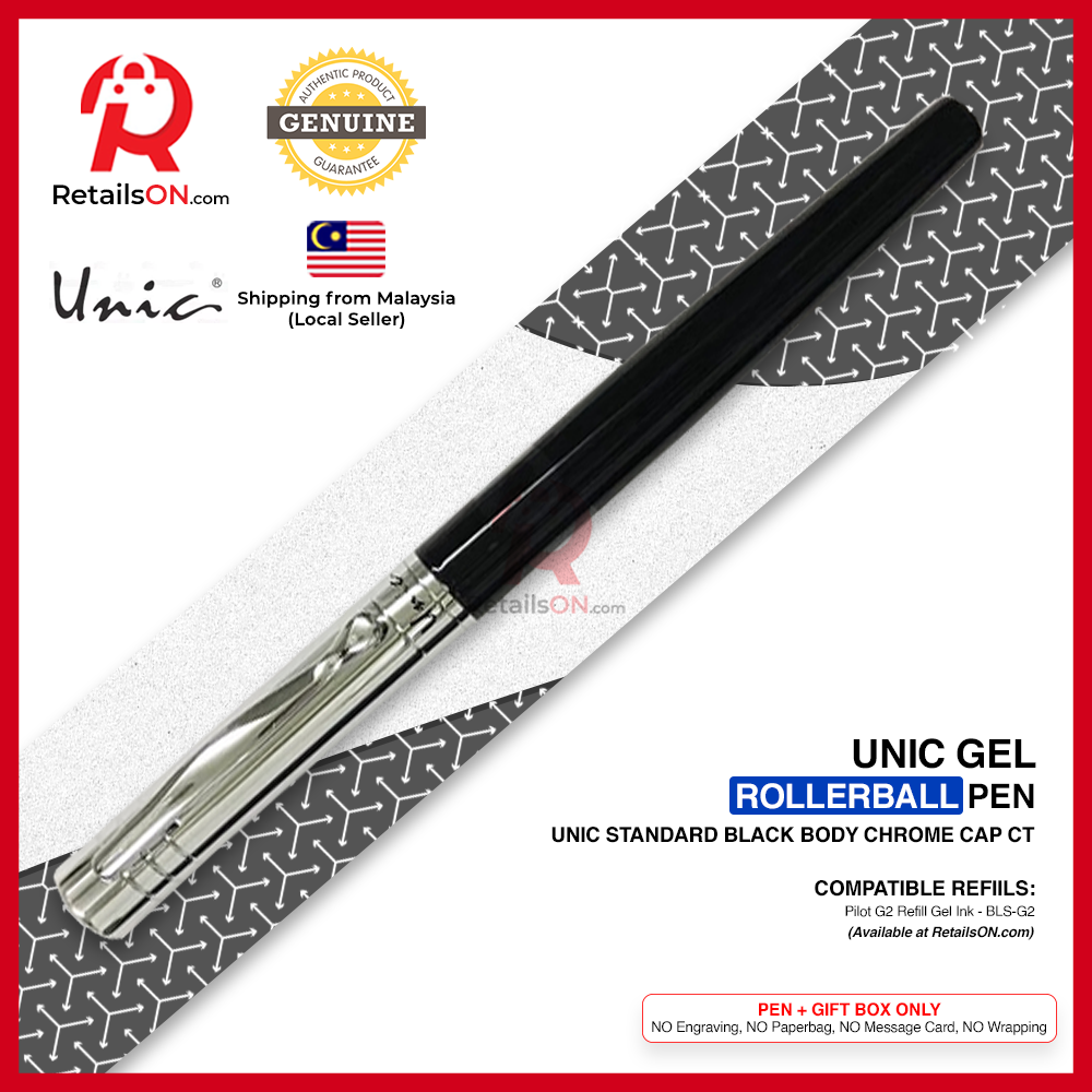 Pilot Unic Standard Rollerball Pen - Black Body Chrome Cap CT / using Pilot G2 Refill - BLS-G2 / [RetailsON] - RetailsON.com (Premium Retail Collections)