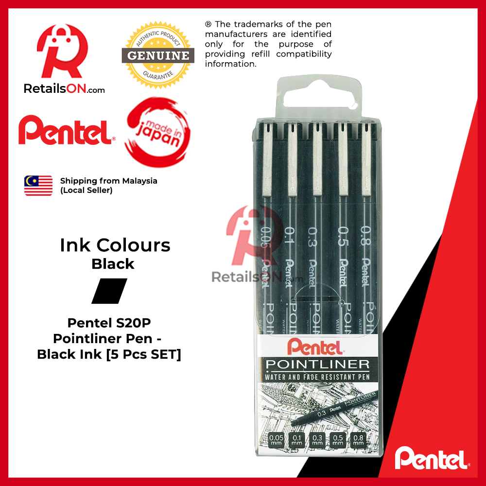 Pentel S20P Pointliner Pen (Fineliner Fibre Tip) - Black Ink [5 Pcs SET]  (ORIGINAL) | [RetailsON] - RetailsON.com (Premium Retail Collections)
