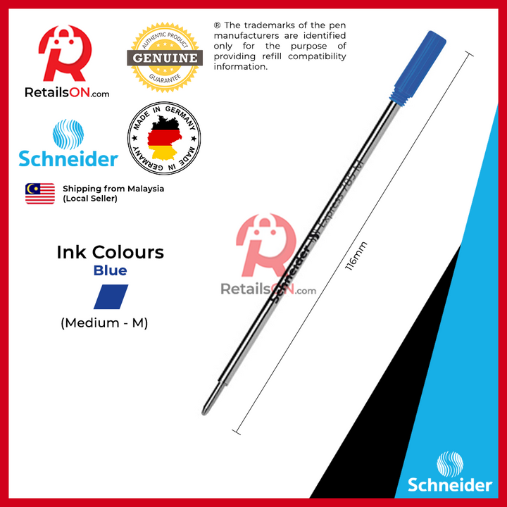 Schneider Refill Express 785 "CROSS Style" for Ballpoint Pens - Medium - Blue | Cross Style Refill / [RetailsON] - RetailsON.com (Premium Retail Collections)