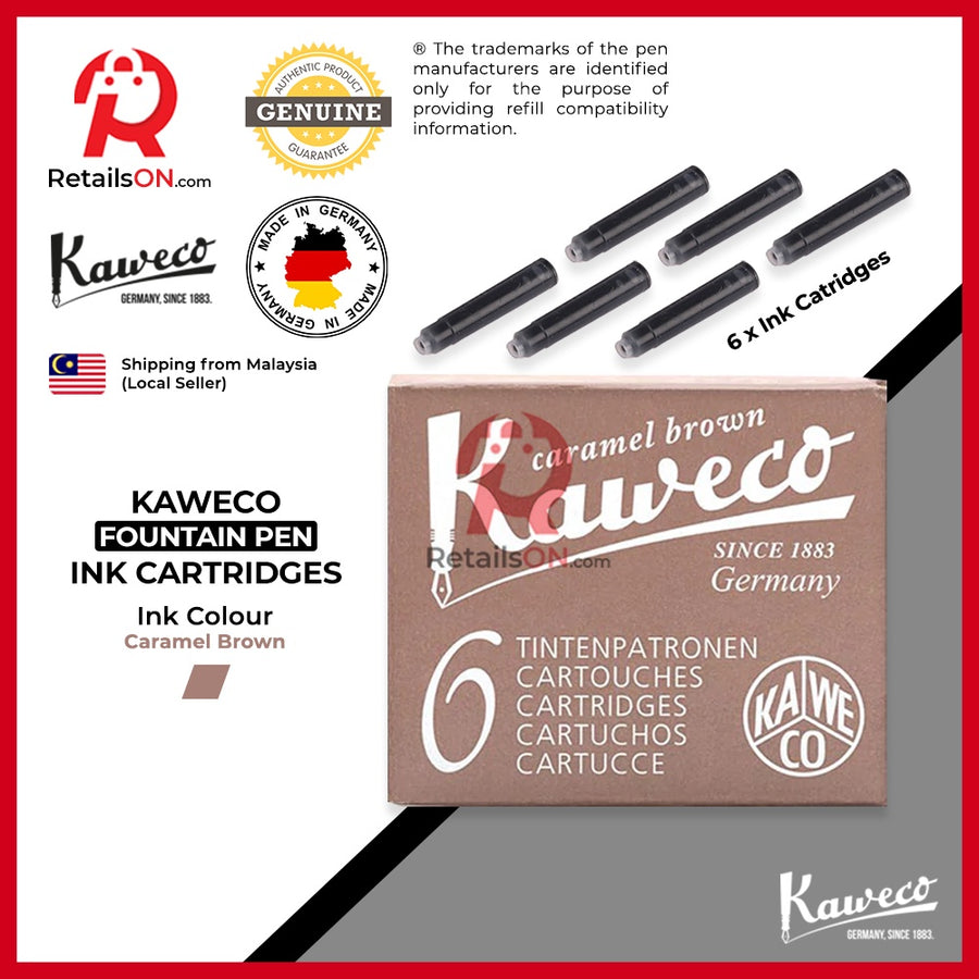 Kaweco Ink Cartridge (6 per pack) - Caramel Brown / Standard Fountain Pen Ink Cartridge (ORIGINAL) - RetailsON.com (Premium Retail Collections)