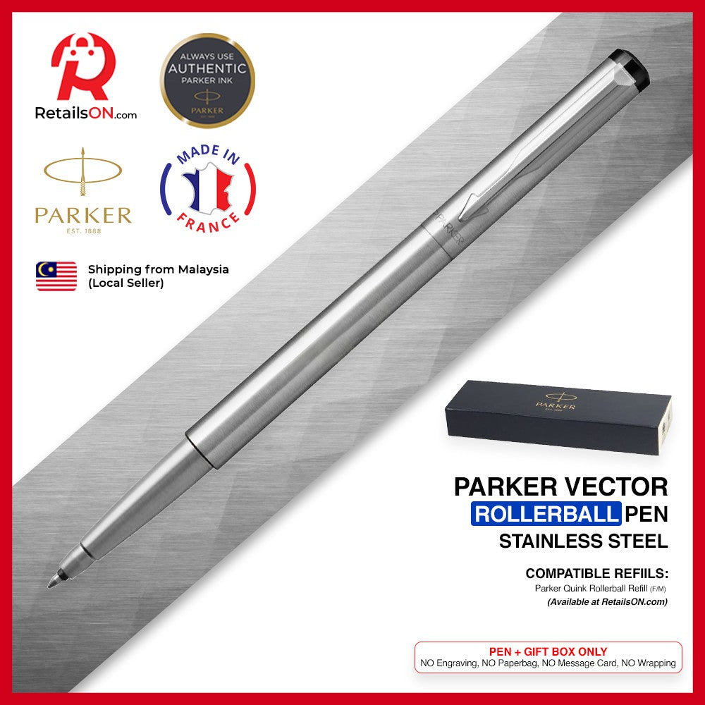 Parker Vector Rollerball Pen - Stainless Steel (with Black - Medium (M) Refill) / {ORIGINAL} / [RetailsON] - RetailsON.com (Premium Retail Collections)