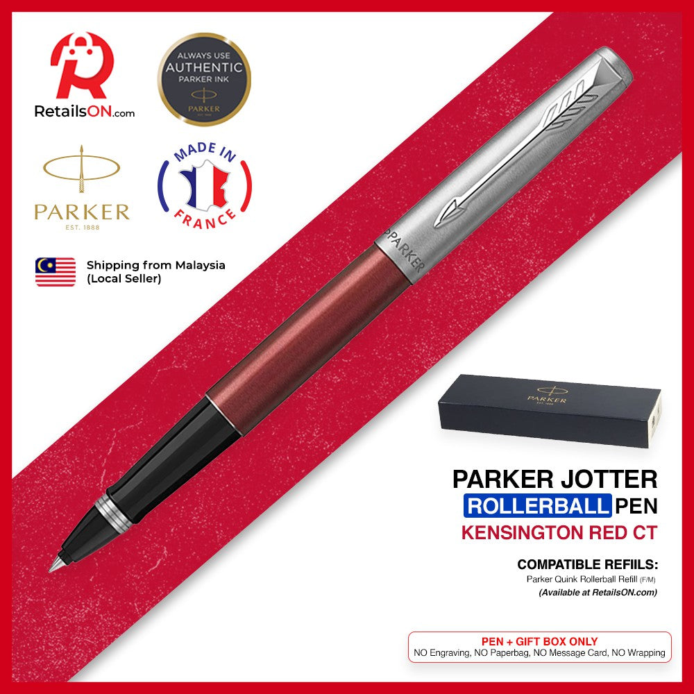 Parker Jotter Rollerball Pen - Kensington Red Chrome Trim (with Black - Medium (M) Refill) / {ORIGINAL} / [RetailsON] - RetailsON.com (Premium Retail Collections)