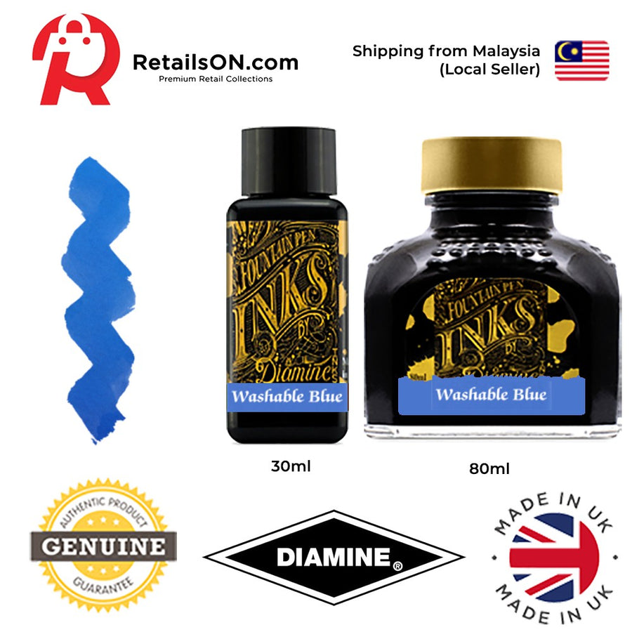 Diamine Ink Bottle (30ml / 80ml) - Washable Blue / Fountain Pen Ink Bottle 1pc (ORIGINAL) / [RetailsON] - RetailsON.com (Premium Retail Collections)