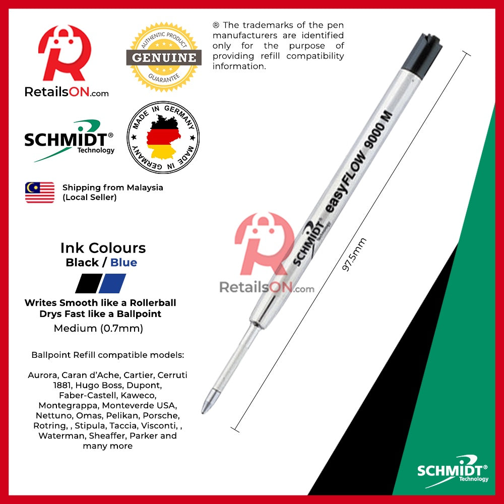 Schmidt Refill easyFLOW 9000 Hybrid Gel for Ballpoint Pens - Medium (M) | Standard Parker Style G2 Ballpoint Refill [1pc - RetailsON.com (Premium Retail Collections)