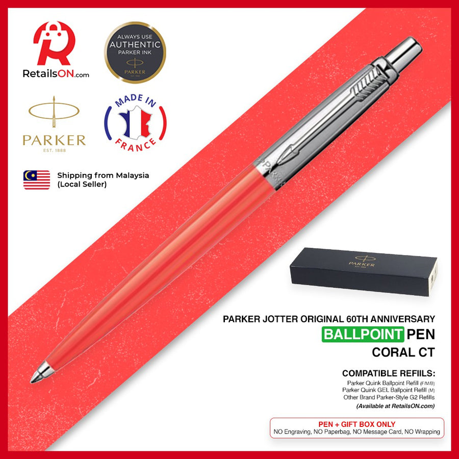 Parker Jotter Original Ballpoint Pen (60th Anniversary) - Coral Chrome Trim (with Black - Medium (M) Refill) /{ORIGINAL} - RetailsON.com (Premium Retail Collections)