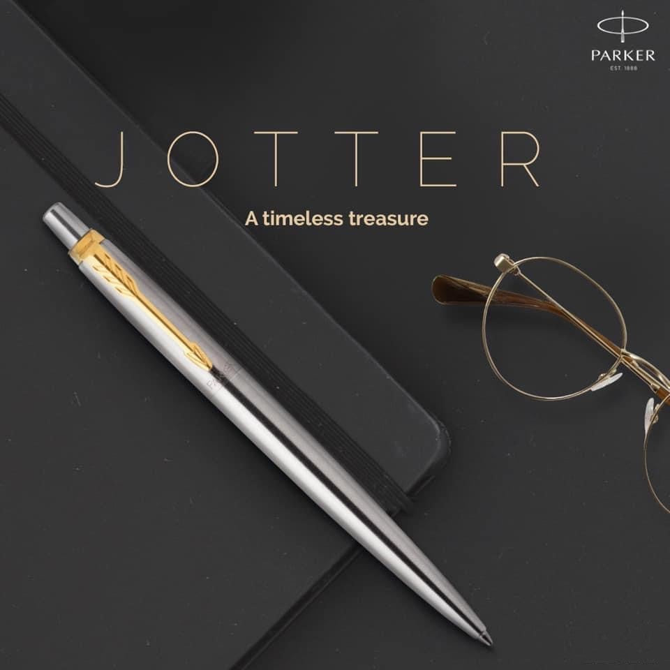 Parker Jotter Ballpoint Pen - Stainless Steel Gold Trim (with Black - Medium (M) Refill) / {ORIGINAL} / [RetailsON] - RetailsON.com (Premium Retail Collections)
