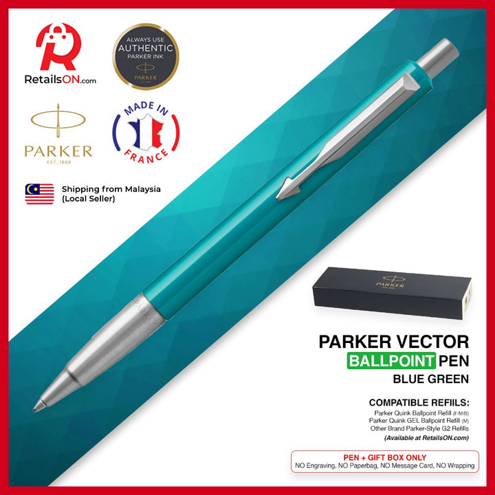 Parker Vector Ballpoint Pen - Blue Green Chrome Trim (with Blue - Medium (M) Refill) / {ORIGINAL} / [RetailsON] - RetailsON.com (Premium Retail Collections)