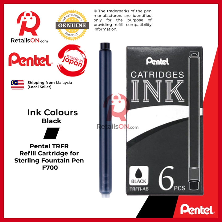 Pentel Fountain Pen Ink Cartridge - TRFR-A6 - Black [1 pack of 6] (ORIGINAL) | For Pentel Sterling Fountain Pen - RetailsON.com (Premium Retail Collections)