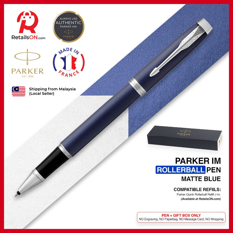 Parker IM Rollerball Pen - Matte Blue Chrome Trim (with Black - Medium (M) Refill) / {ORIGINAL} / [RetailsON] - RetailsON.com (Premium Retail Collections)