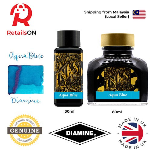 Diamine Ink Bottle (30ml / 80ml) - Aqua Blue / Fountain Pen Ink Bottle 1pc (ORIGINAL) / [RetailsON] - RetailsON.com (Premium Retail Collections)