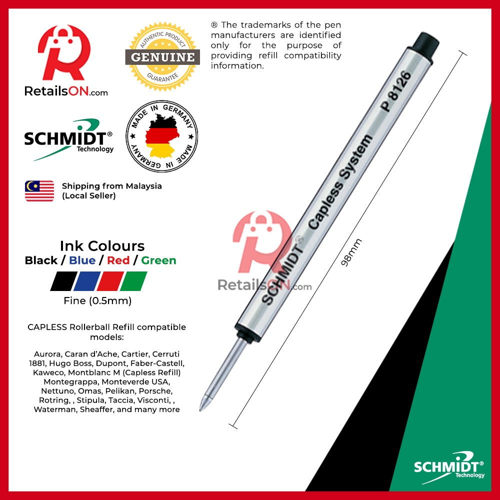 Schmidt Refill CAPLESS Rollerball P8126 - Fine (F) - Black/Blue/Red/Green | For Montblanc® M & MANY MORE | [1pc] - RetailsON.com (Premium Retail Collections)