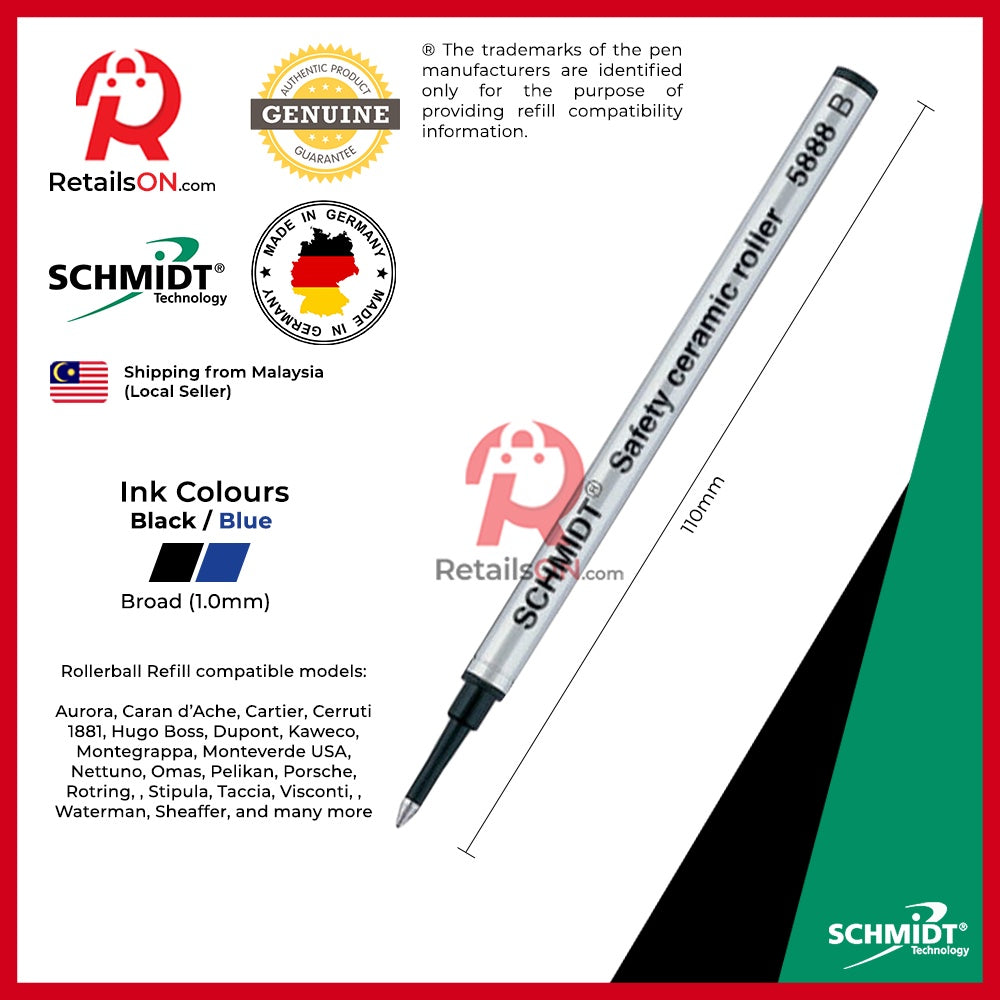 Schmidt Refill 5888B Ceramic for Rollerball Pens - Black/Blue | Fits with Hugo Boss®, Cerruti 1881®, Sheaffer® [1pc] - RetailsON.com (Premium Retail Collections)