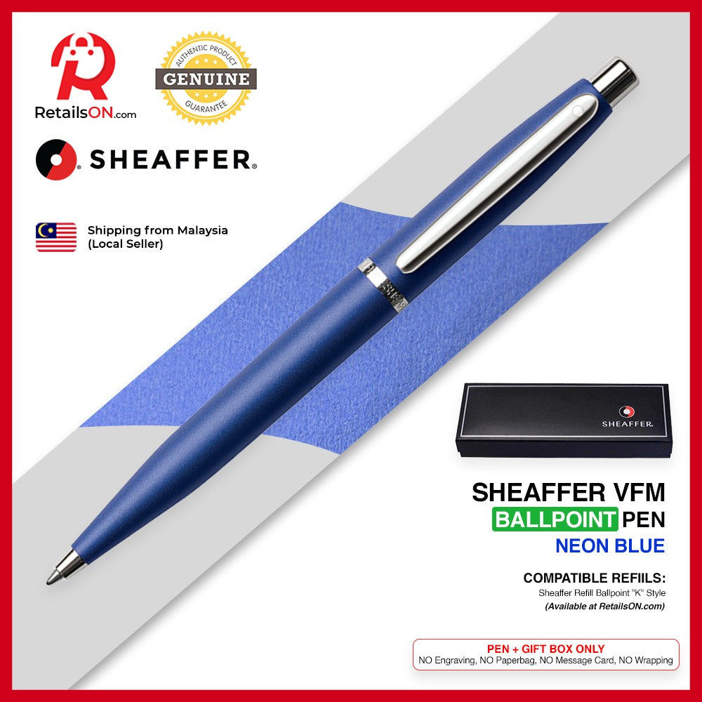 Sheaffer VFM Ballpoint Pen - Neon Blue Chrome Trim (with Black - Medium (M) Refill) / {ORIGINAL} / [RetailsON] - RetailsON.com (Premium Retail Collections)