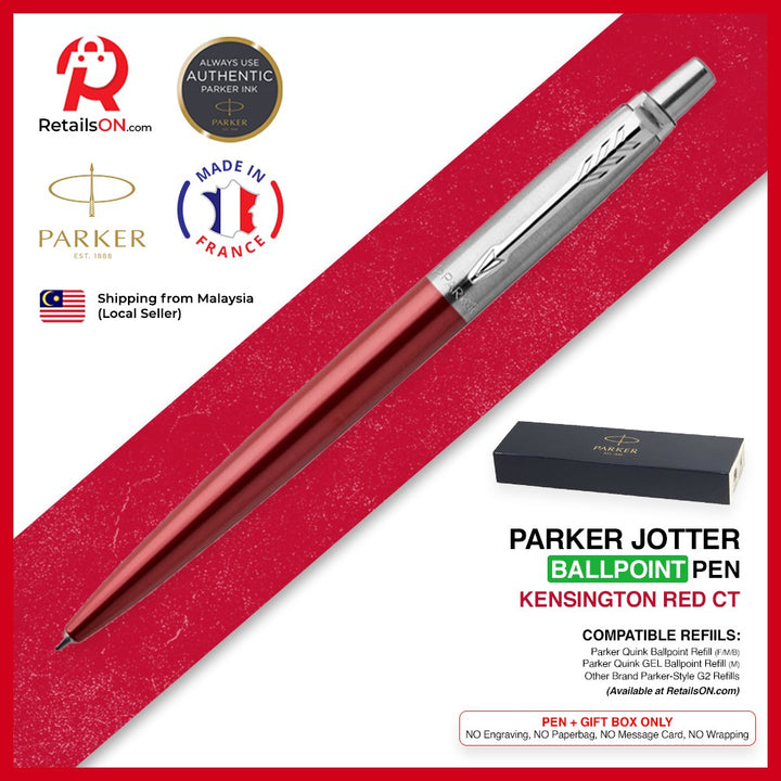 Parker Jotter Ballpoint Pen - Kensington Red Chrome Trim (with Black - Medium (M) Refill) / {ORIGINAL} / [RetailsON] - RetailsON.com (Premium Retail Collections)