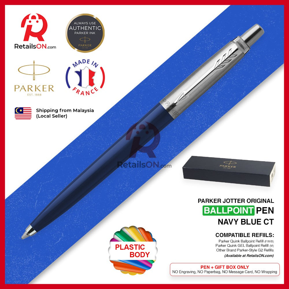Parker Jotter Original Ballpoint Pen - Navy Blue Chrome Trim (with Black - Medium (M) Refill) / {ORIGINAL} / [RetailsON] - RetailsON.com (Premium Retail Collections)