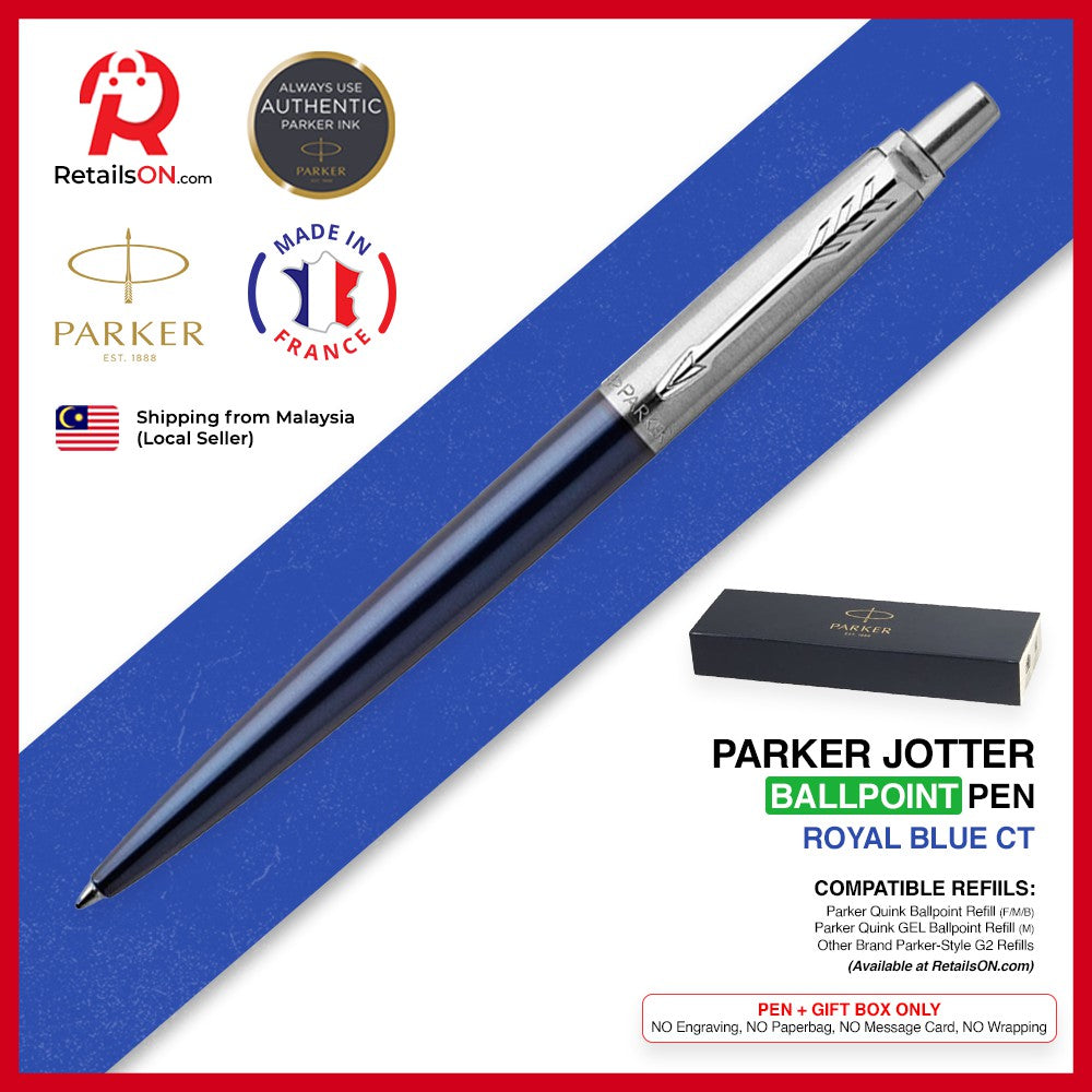 Parker Jotter Ballpoint Pen - Royal Blue Chrome Trim (with Black - Medium (M) Refill) / {ORIGINAL} / [RetailsON] - RetailsON.com (Premium Retail Collections)