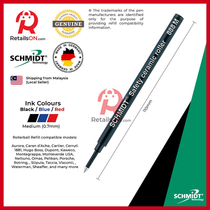 Schmidt Refill 888(M/F) Ceramic for Rollerball Pens | Compatible with Hugo Boss®, Cerruti®, Sheaffer®, Waterman® - RetailsON.com (Premium Retail Collections)