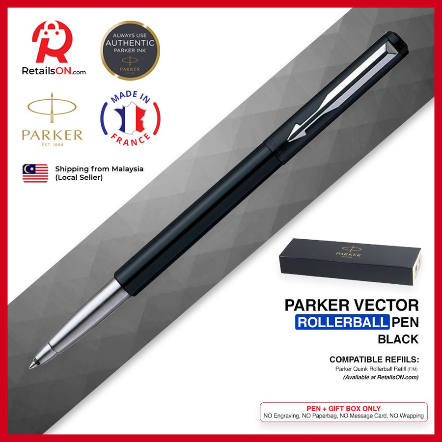 Parker Vector Rollerball Pen - Standard Black Chrome Trim (with Black - Medium (M) Refill) / {ORIGINAL} / [RetailsON] - RetailsON.com (Premium Retail Collections)