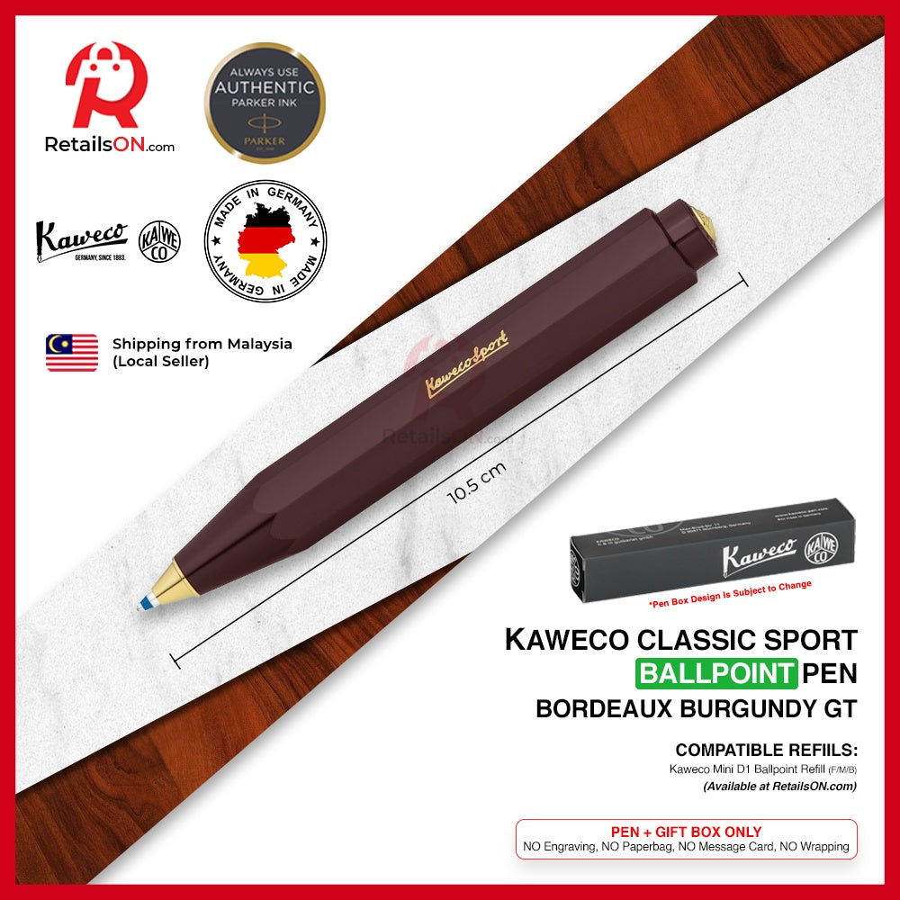 Kaweco Classic SPORT Ballpoint Pen - Burgundy Gold Trim (with Blue - Medium (M) Refill) / {ORIGINAL} / [RetailsON] - RetailsON.com (Premium Retail Collections)
