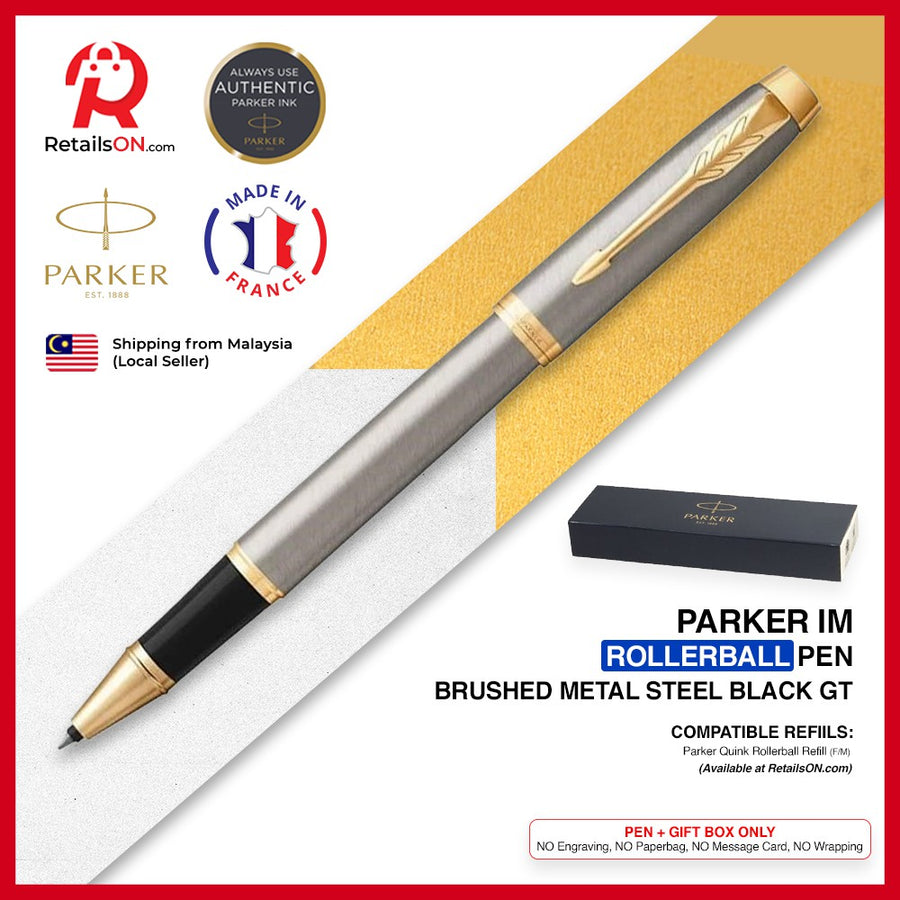 Parker IM Rollerball Pen - Brushed Stainless Steel Gold Trim (with Black - Medium (M) Refill) / {ORIGINAL} / [RetailsON] - RetailsON.com (Premium Retail Collections)