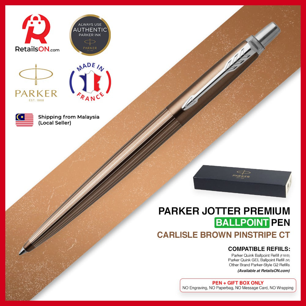 Parker Jotter Premium Ballpoint Pen - Carlisle Brown Pinstripe CT (Black - Medium (M) Refill) / {ORIGINAL} / [RetailsON] - RetailsON.com (Premium Retail Collections)