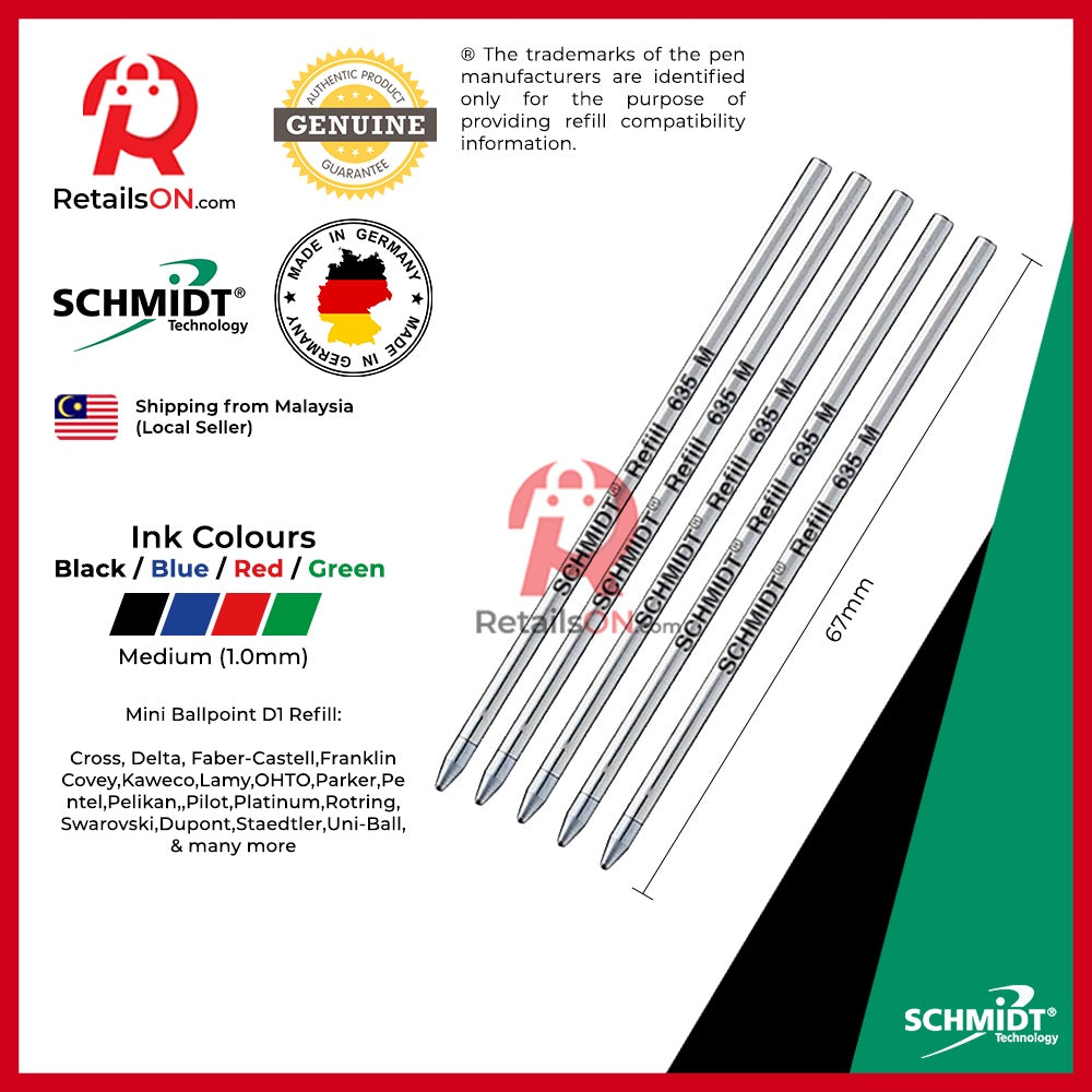 Schmidt Refill S635 D1 for Mini Ballpoint Pens - Medium (M) | Standard D1 Mini Ballpoint Refill [1 Pack of 5] - RetailsON.com (Premium Retail Collections)