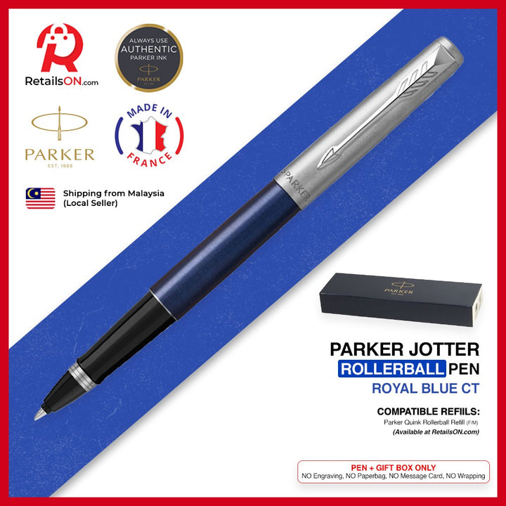 Parker Jotter Rollerball Pen - Royal Blue Chrome Trim (with Black - Medium (M) Refill) / {ORIGINAL} / [RetailsON] - RetailsON.com (Premium Retail Collections)