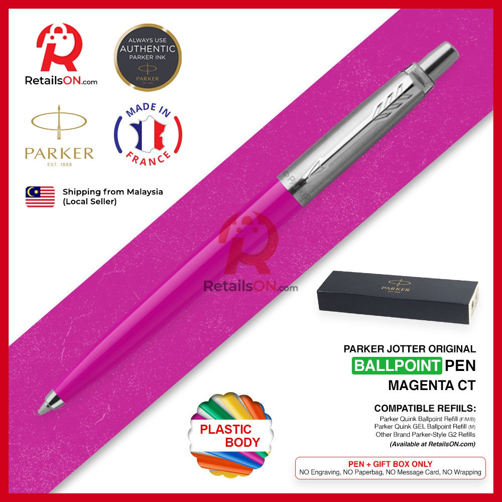 Parker Jotter Original Ballpoint Pen - Magenta Chrome Trim (with Black - Medium (M) Refill) / {ORIGINAL} / [RetailsON] - RetailsON.com (Premium Retail Collections)
