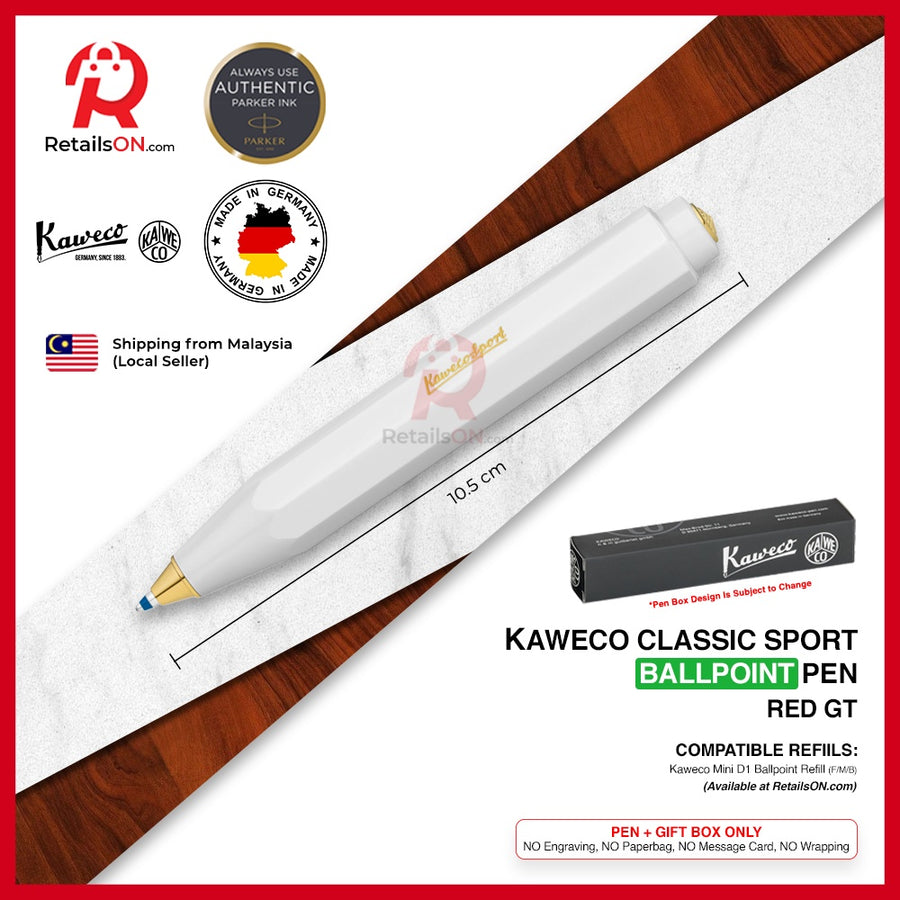 Kaweco Classic SPORT Ballpoint Pen - White Gold Trim (with Blue - Medium (M) Refill) / {ORIGINAL} / [RetailsON] - RetailsON.com (Premium Retail Collections)