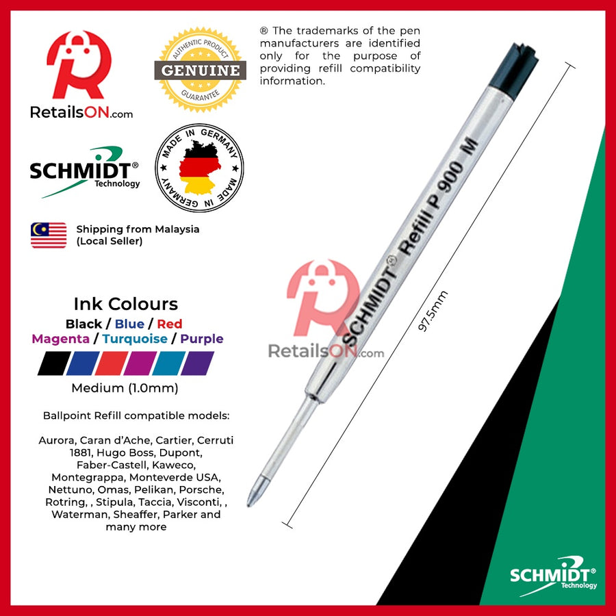 Schmidt Refill P900M for Ballpoint Pens - Medium (M) | Parker Style G2 Ballpoint Refill | Fits Hugo Boss® Cerruti®& MORE - RetailsON.com (Premium Retail Collections)