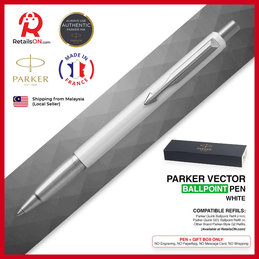 Parker Vector Ballpoint Pen - White Chrome Trim (with Blue - Medium (M) Refill) / {ORIGINAL} / [RetailsON] - RetailsON.com (Premium Retail Collections)