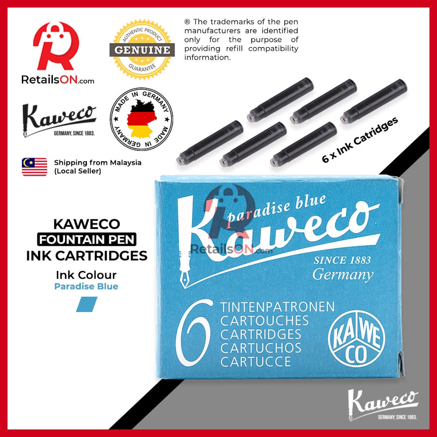 Kaweco Ink Cartridge (6 per pack) - Paradise Blue / Standard Fountain Pen Ink Cartridge (ORIGINAL) - RetailsON.com (Premium Retail Collections)