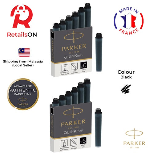 Parker Quink MINI Fountain Pen Ink Cartridges - Black / Mini Fountain Pen Ink Refill [1 Pack of 12] - Black (ORIGINAL) - RetailsON.com (Premium Retail Collections)