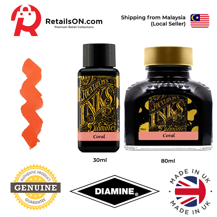 Diamine Ink Bottle (30ml / 80ml) - Coral / Fountain Pen Ink Bottle 1pc (ORIGINAL) / [RetailsON] - RetailsON.com (Premium Retail Collections)