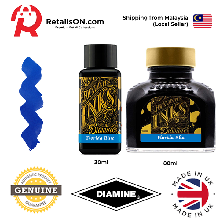 Diamine Ink Bottle (30ml / 80ml) - Florida Blue / Fountain Pen Ink Bottle 1pc (ORIGINAL) / [RetailsON] - RetailsON.com (Premium Retail Collections)