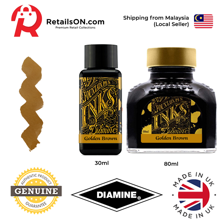 Diamine Ink Bottle (30ml / 80ml) - Golden Brown / Fountain Pen Ink Bottle 1pc (ORIGINAL) / [RetailsON] - RetailsON.com (Premium Retail Collections)