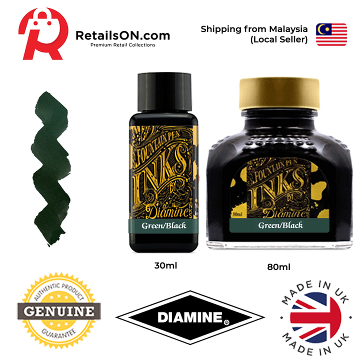 Diamine Ink Bottle (30ml / 80ml) - Green Black / Fountain Pen Ink Bottle 1pc (ORIGINAL) / [RetailsON] - RetailsON.com (Premium Retail Collections)