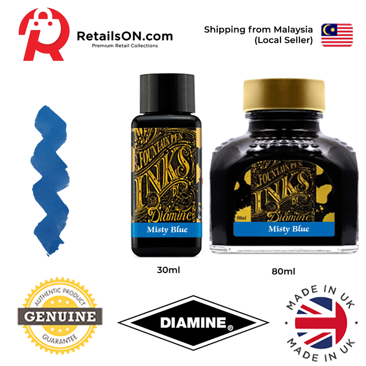 Diamine Ink Bottle (30ml / 80ml) - Misty Blue / Fountain Pen Ink Bottle 1pc (ORIGINAL) / [RetailsON] - RetailsON.com (Premium Retail Collections)