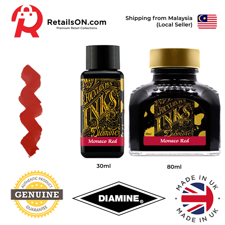 Diamine Ink Bottle (30ml / 80ml) - Monaco Red / Fountain Pen Ink Bottle 1pc (ORIGINAL) / [RetailsON] - RetailsON.com (Premium Retail Collections)