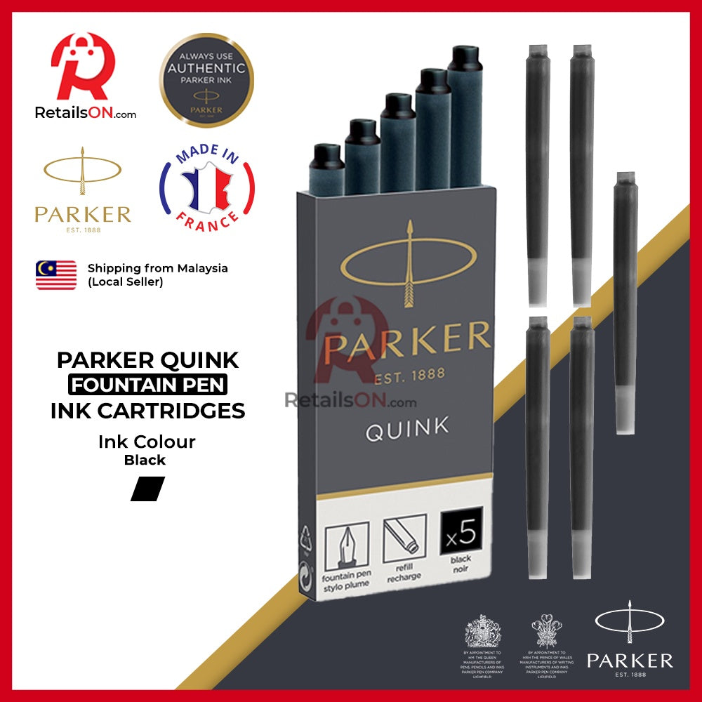 Parker Quink Fountain Pen Ink Cartridges - Black / Fountain Pen Ink Refill [1 Pack of 5] - Black (ORIGINAL) - RetailsON.com (Premium Retail Collections)
