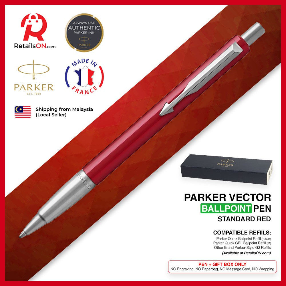 Parker Vector Ballpoint Pen - Standard Red Chrome Trim (with Blue - Medium (M) Refill) / {ORIGINAL} / [RetailsON] - RetailsON.com (Premium Retail Collections)