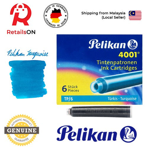Pelikan 4001/TP6 Ink Cartridges - Turquoise / International Fountain Pen Ink Cartridges (ORIGINAL) [1 Pack of 6] - RetailsON.com (Premium Retail Collections)