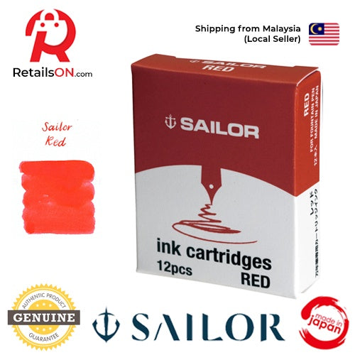 Sailor Jentle - Red - Fountain Pen Ink Cartridges - 1 pack of 12 (ORIGINAL) | [RetailsON] - RetailsON.com (Premium Retail Collections)